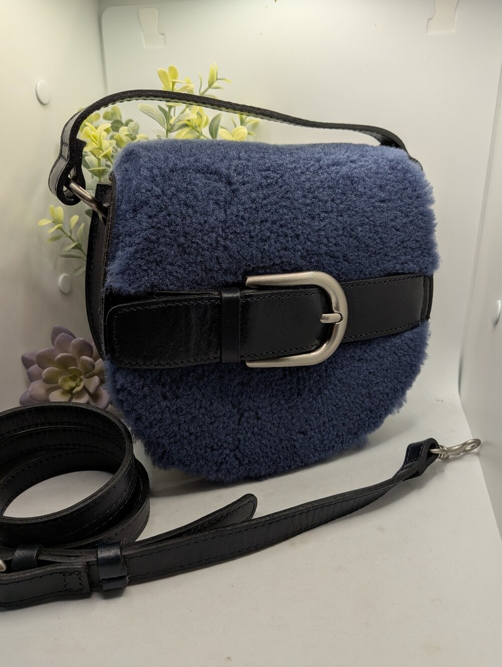 Patricia Nash Navy Shearling Crossbody Bag with Black Leather Trim
